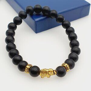 Elegant Black Bead Bracelet with Golden Elephant Charm, AZFA1071